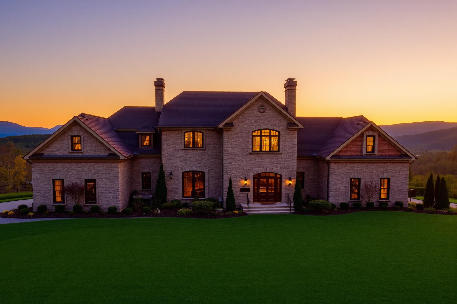 Luxury Virginia estate at golden hour with Blue Ridge mountain backdrop
